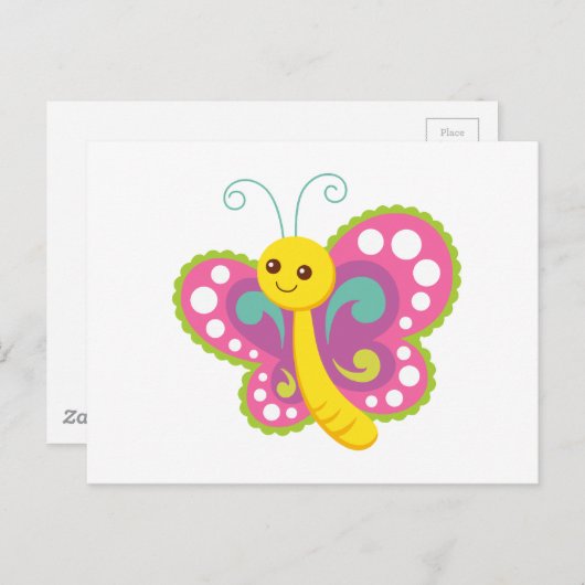 Niedlicher Cartoon Schmetterling, rosa, gelb, grün Postkarte (Vorne/Hinten)