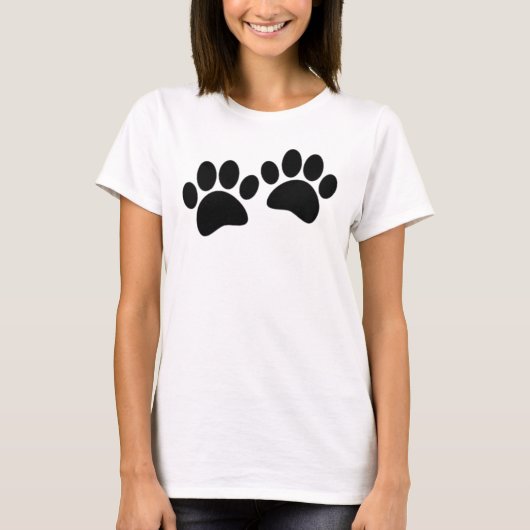Niedlicher Cartoon Schwarze Welpe Paw Prints T-Shirt (Vorderseite)