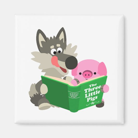 Niedlicher Cartoon Schweinchen und Wolf Lesen eine Magnet (Vorne)