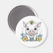Niedlicher Cartoon Schweinefleisch bei Blume Magnet (Vorderseite/Rückseite)