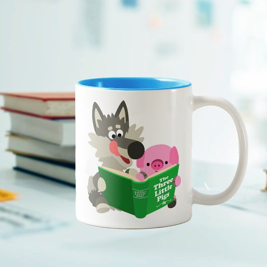 Niedlicher Cartoon Schweinefleisch und Wolf Lesen  Zweifarbige Tasse