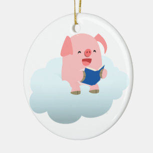 Niedlicher Cartoon-Schweineführer auf Cloud-Orname Keramikornament
