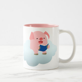 Niedlicher Cartoon-Schweineführer auf der Cloud-Ta Zweifarbige Tasse