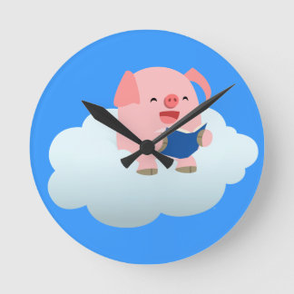 Niedlicher Cartoon-Schweineführer auf der Cloud-Wa Runde Wanduhr