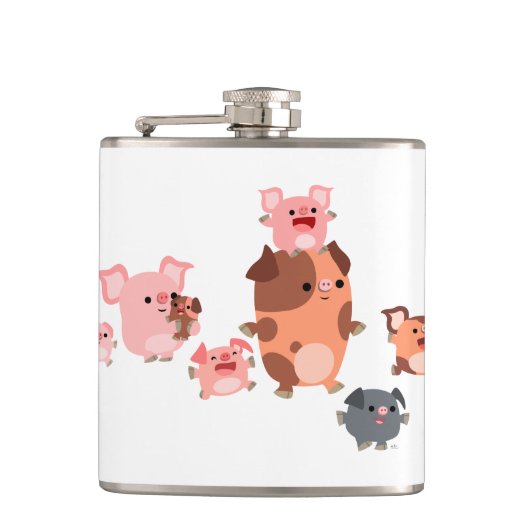 Niedlicher Cartoon Schweineherppe Flachmann (Vorderseite)