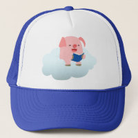 Niedlicher Cartoon-Schweineleser auf Cloud-Hat