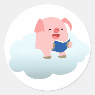 Niedlicher Cartoon-Schweineleser auf der Cloud-Auf Runder Aufkleber