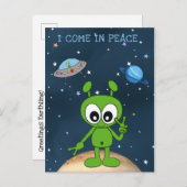 Niedlicher Cartoon Space Alien I Come In Peace Sig Postkarte (Vorne/Hinten)