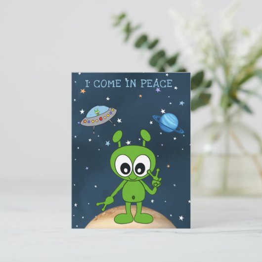 Niedlicher Cartoon Space Alien I Come In Peace Sig Postkarte (Stehend Vorderseite)