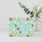 Niedlicher Cartoon Sushi Pattern Blau Postkarte (Stehend Vorderseite)