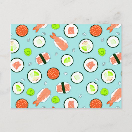 Niedlicher Cartoon Sushi Pattern Blau Postkarte (Vorderseite)