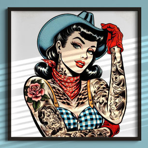 Niedlicher Cartoon Tattoo Cowgirl Poster