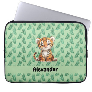 Niedlicher Cartoon Tiger über tropische Blätter Laptopschutzhülle