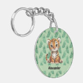 Niedlicher Cartoon Tiger über tropische Blätter Schlüsselanhänger (Vorderseite links)