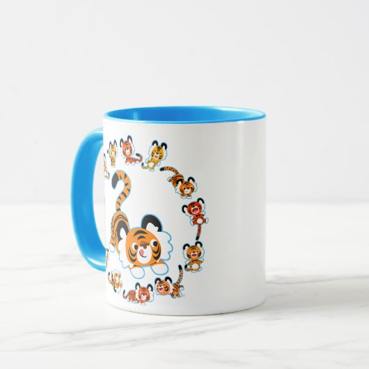 Niedlicher Cartoon Tigers Mandala (Blue) Tasse (Vorderseite Links)