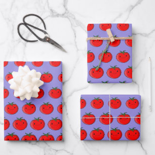 Niedlicher Cartoon Tomato Muster Lila Geschenkpapier Set