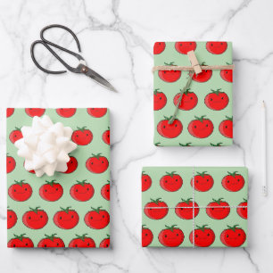 Niedlicher Cartoon Tomato Pattern Grün Geschenkpapier Set