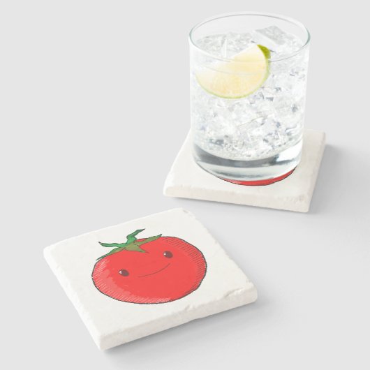 Niedlicher Cartoon Tomato Steinuntersetzer (Seitenansicht)