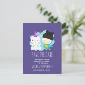 Niedlicher Cartoon Unicorn & Bird Save the Date Postkarte (Stehend Vorderseite)