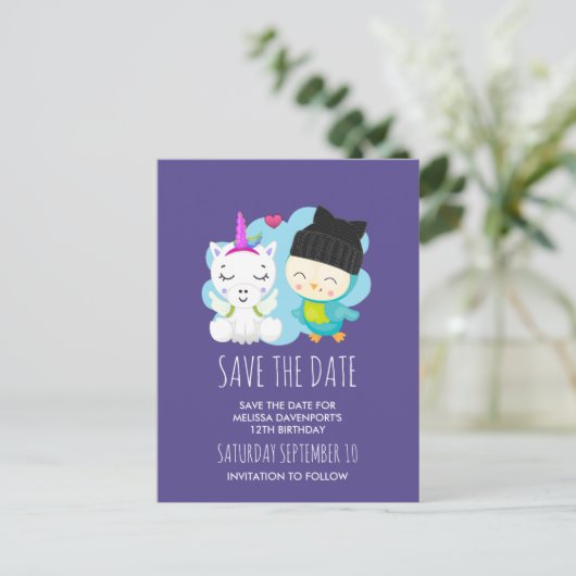 Niedlicher Cartoon Unicorn & Bird Save the Date Postkarte (Stehend Vorderseite)
