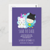 Niedlicher Cartoon Unicorn & Bird Save the Date Postkarte (Vorne/Hinten)