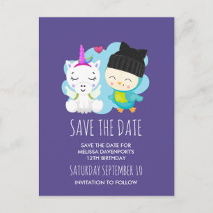 Niedlicher Cartoon Unicorn & Bird Save the Date Postkarte