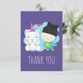 Niedlicher Cartoon Unicorn & Bird Vielen Dank Dankeskarte (Stehend Vorderseite)