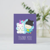 Niedlicher Cartoon Unicorn & Bird Vielen Dank Postkarte (Stehend Vorderseite)