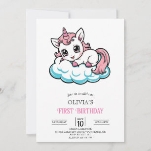 Niedlicher Cartoon Unicorn Digital 1. Geburtstag Einladung