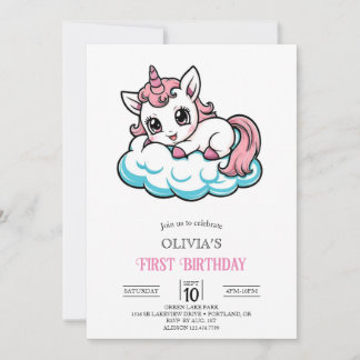 Niedlicher Cartoon Unicorn Digital 1. Geburtstag Einladung