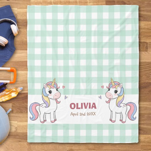 Niedlicher Cartoon Unicorns Gingham Name Birth Fleecedecke