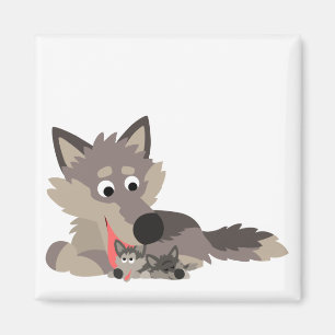 Niedlicher Cartoon Vater Wolf und Pups Magnet
