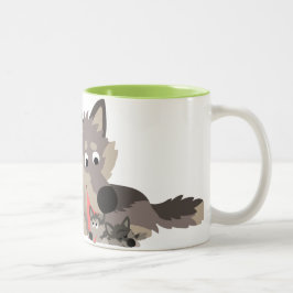 Niedlicher Cartoon-Vater-Wolf und Welpen-Tasse Zweifarbige Tasse