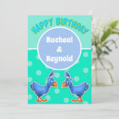 Niedlicher Cartoon-Vogel - Twin Birthday Card Dankeskarte (Stehend Vorderseite)