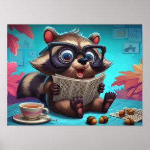 Niedlicher Cartoon-Waschbär liest Zeitung mit Tee Poster