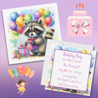 Niedlicher Cartoon Wasserfarbe Raccoon Geburtstag Einladung