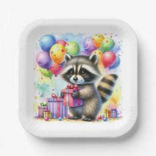 Niedlicher Cartoon Wasserfarbe Raccoon Geburtstag Pappteller