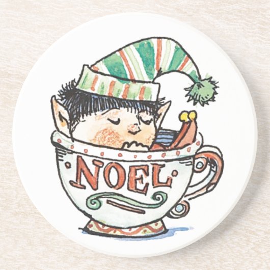 Niedlicher Cartoon Weihnachts-Elf Schlafen im Teec Sandstein Untersetzer (Vorne)