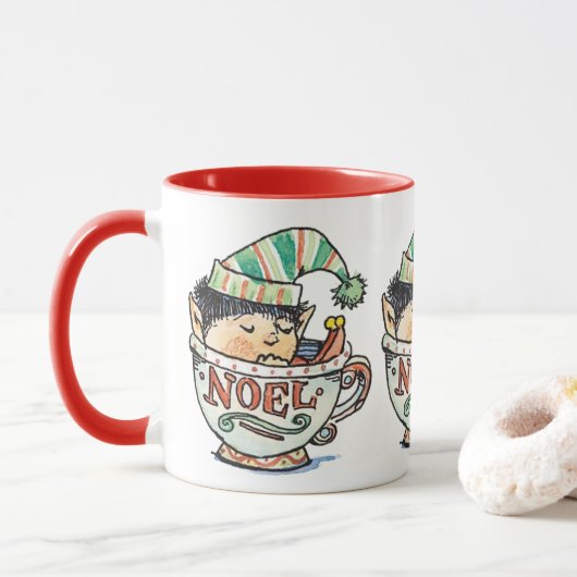 Niedlicher Cartoon Weihnachts-Elf Schlafen im Teec Tasse (Mit Donut)
