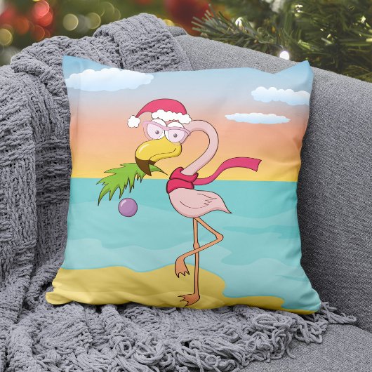 Niedlicher Cartoon Weihnachts-Flamingo am Strand Kissen
