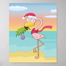 Niedlicher Cartoon Weihnachts-Flamingo am Strand Poster