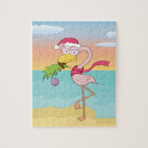 Niedlicher Cartoon Weihnachts-Flamingo am Strand Puzzle