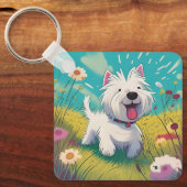 Niedlicher Cartoon Westie, der durch die Blume läu Schlüsselanhänger (Vorderseite)