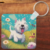 Niedlicher Cartoon Westie, der durch die Blume läu Schlüsselanhänger (Rückseite)
