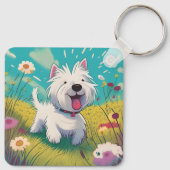 Niedlicher Cartoon Westie, der durch die Blume läu Schlüsselanhänger (Rückseite)