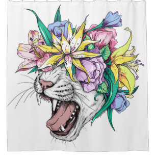 Niedlicher Cartoon Wildkatze Kopf in einem Blumenk Duschvorhang