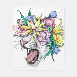 Niedlicher Cartoon Wildkatze Kopf in einem Blumenk Fleecedecke