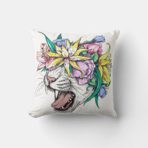 Niedlicher Cartoon Wildkatze Kopf in einem Blumenk Kissen