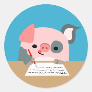 Niedlicher Cartoon zum Schreiben von Schweineklebe Runder Aufkleber