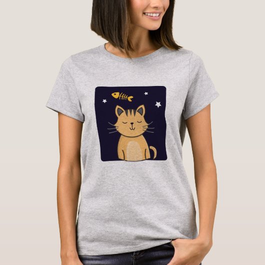 Niedlicher Cat and Fish Dreams T - Shirt, Katzen L T-Shirt (Vorderseite)